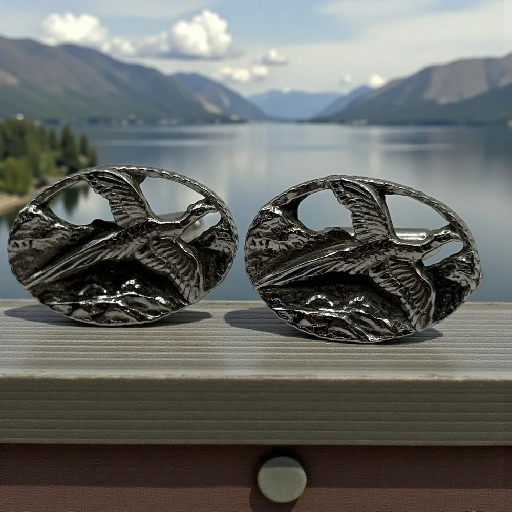 Bird Pheasant In Flight Cufflinks Silver Tone‎ Hunting Oval Open Work Nature